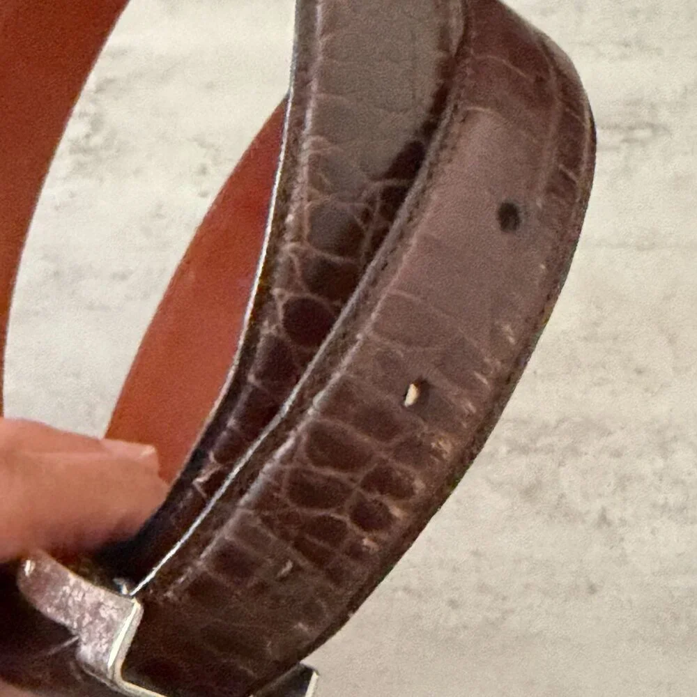 Vintage Ralph Lauren Brown Leather Embossed Crocodile Belt Silver Tone Buckle M